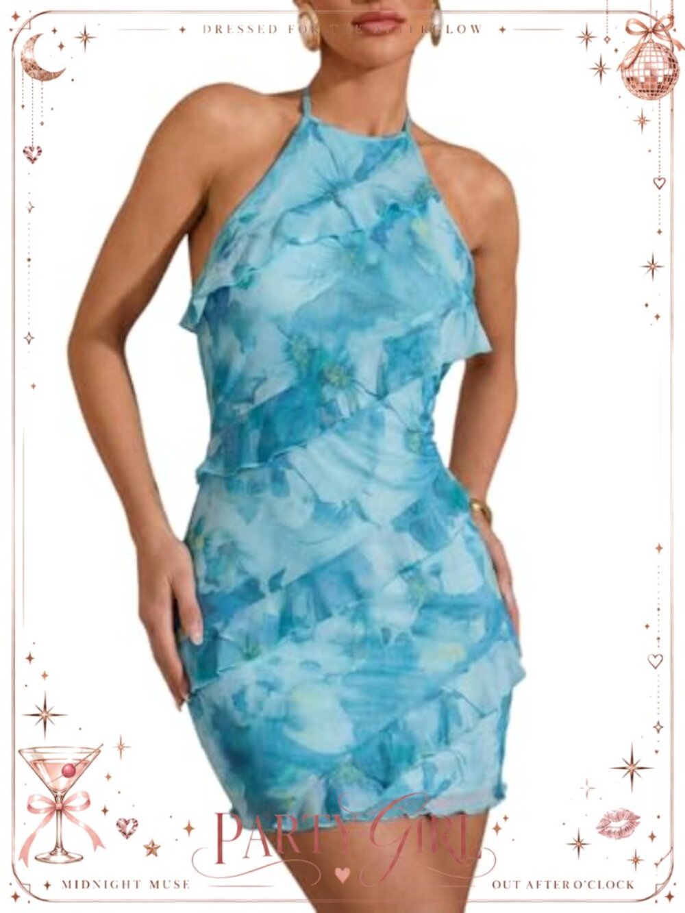 Women's Floral Ruffle Trim Bodycon Mini Dress Tie Backless Halter